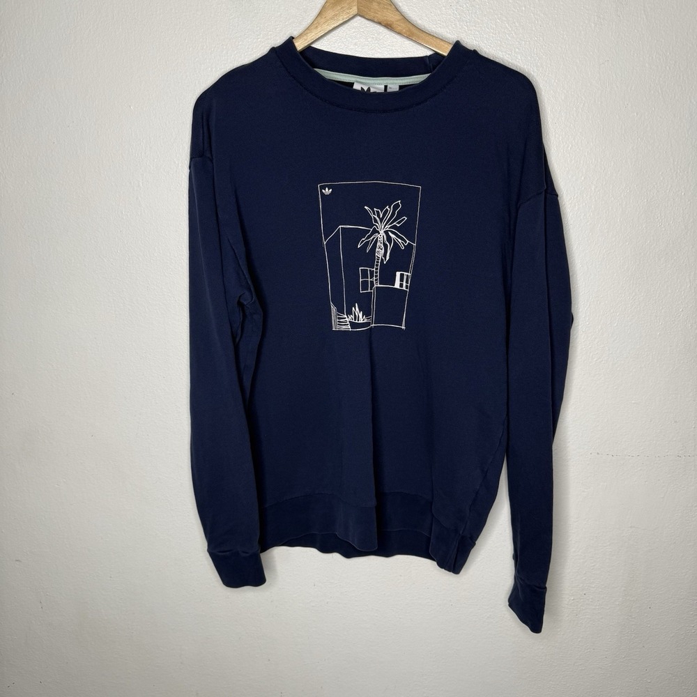Adidas Navy Blue Graphic Crewneck Sweatshirt Palm Tree Casual Mens Medium